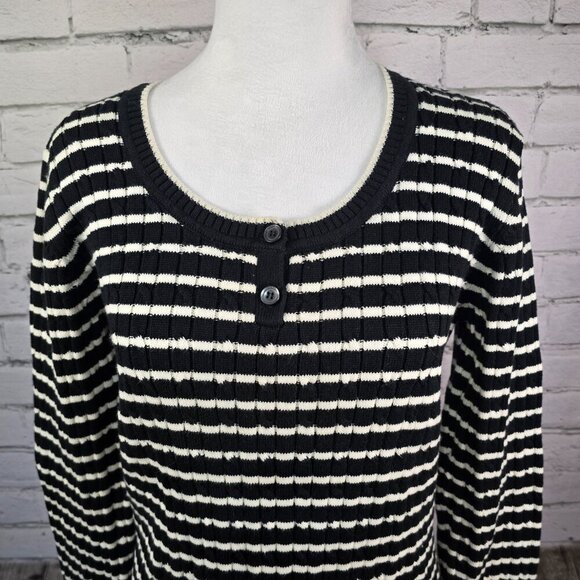LIZ CLAIBORNE CREW NECK RIBBED STRIPPED SWEATER BLACK AND WHITE WOMENS LARGE - Picture 4 of 8